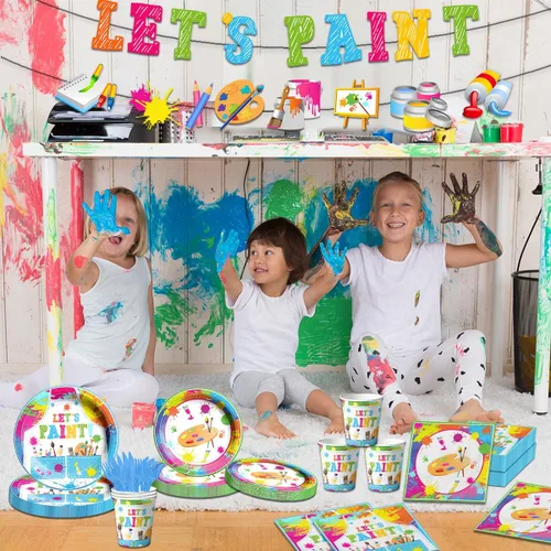 Vista 5 de Suministros para fiesta de pintura, juego de vajilla para fiesta de arte de 142 piezas incluye platos para fiesta de pintura y servilletas, manteles