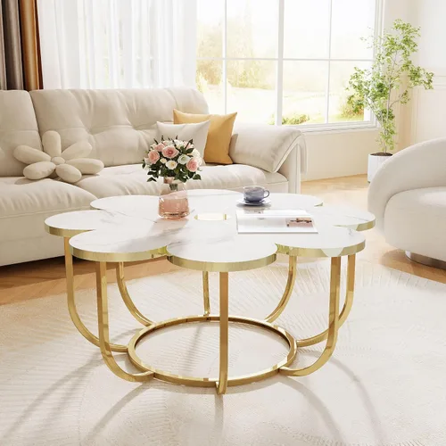 Vista 5 de Tribesigns Mesa de centro blanca y dorada, moderna mesa de centro en forma de flor con mesa de mármol sintético, mesa central floral de 39.37