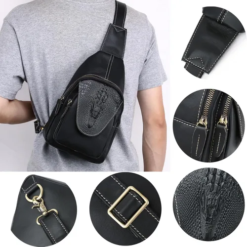 Vista 4 de Bolso bandolera de cuero genuino para hombres y mujeres, mochila en el pecho, bandolera, casual, al aire libre