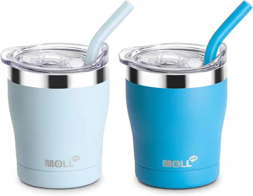 Vista 14 de Taza para niños Mollcity - Vaso de 9 oz con tapa y pajita de acero inoxidable, vaso aislado al vacío de doble pared para niños, a prueba