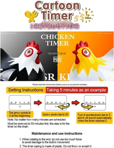 Vista 4 de Lindos temporizadores de 60 minutos con alarma fuerte, temporizador manual de dibujos animados de pollo para cocinar y hornear (negro)