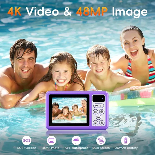 Vista 2 de Maxmango D70 Underwater Digital Camera for Kids - 10FT Waterproof Cam with 16GB Card, 48MP Autofocus Dual-Screen Selfie Underwater Camera for