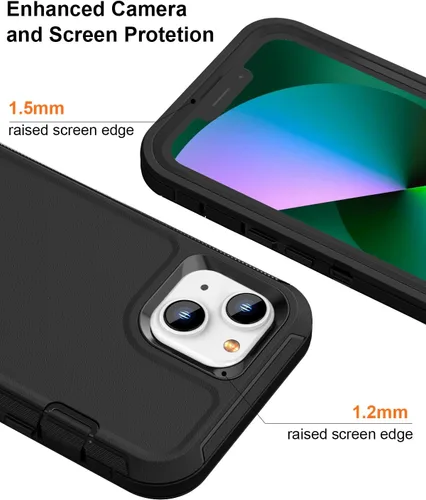 Vista 4 de Funda resistente para iPhone 13 y iPhone 14, protección a prueba de golpes de grado militar, incluye 2 protectores de pantalla de vidrio templado