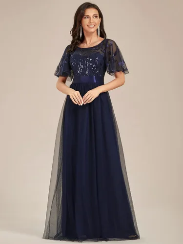 Vista 4 de Ever-Pretty Vestido de fiesta de noche con cuello redondo y mangas con volantes y lentejuelas bordadas para mujer 0904-USA