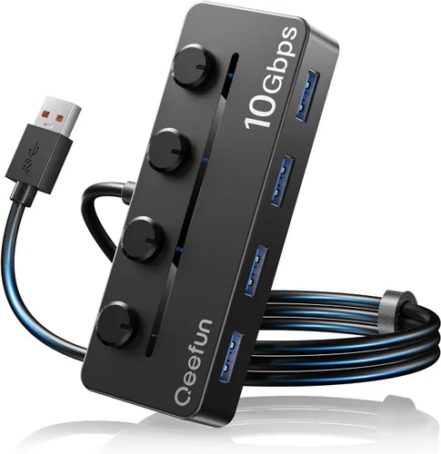 Vista 15 de Qeefun Hub USB 3.2 de 10 Gbps con 2 puertos USB A y 2 puertos de datos USB-C 3.2, divisor USB 3.2 Gen 2, cable largo extendido de 4 pies y puerto
