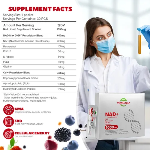 Vista 3 de Suplemento líquido NAD+ de 1000 mg con resveratrol orgánico, ribósido de nicotinamida y PQQ, CoQ10, ALA, Boost Energy Focus, reparación del ADN