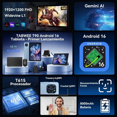 Vista 4 de TABWEE Tableta, 11 pulgadas 2K Android 16 tabletas con teclado 24GB+128GB