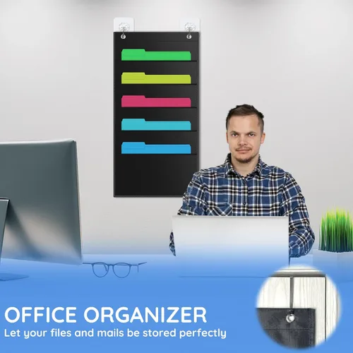 Vista 7 de ZKOO Organizador de archivos de pared colgante de 5 bolsillos para papel tamaño A4/documentos legales/tamaño carta, organizador de correo de pared