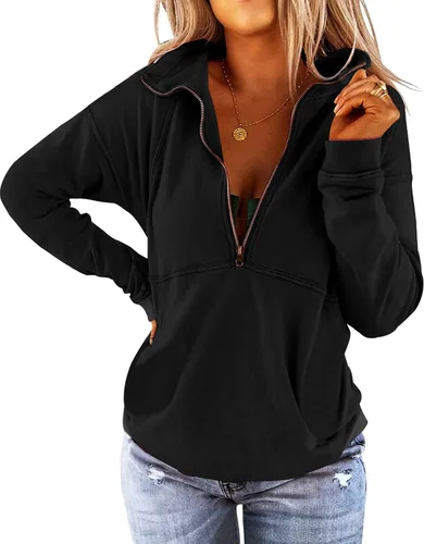 Vista 14 de Floral Find Women's Long Sleeve Lapel Half Zip Up Sweatshirt Solid Stylish Loose Fit Casual Pullover Tops B-Azul marino