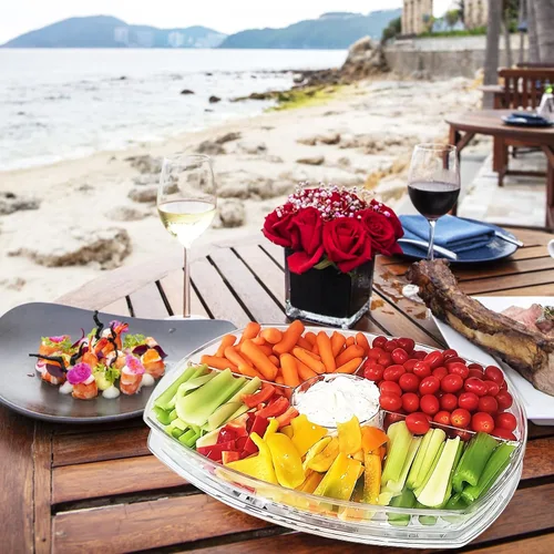 Vista 6 de Bandeja de servir enfriada con hielo extragrande con tapa, plato de frutas transparente con 4 compartimentos, plato de cóctel de camarones, cuenco