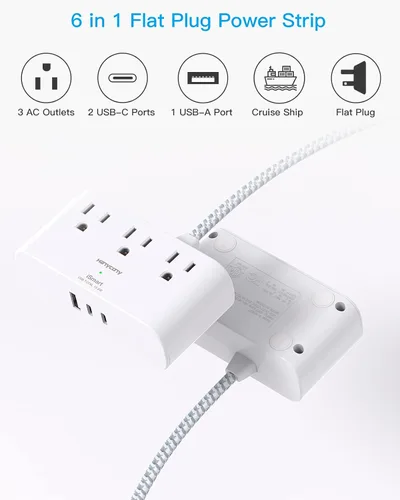 Vista 6 de HANYCONY - Tira de alimentación de enchufe plano de 6 pies, cable de extensión plano ultrafino, 3 tomacorrientes, 3 puertos USB (2 USB C), extensor