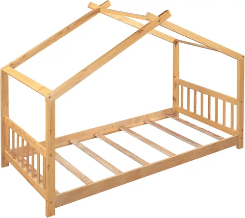 Vista 7 de Merax Cama de plataforma de casa de tamaño individual con cabecero y estribo, marco de cama de madera con diseño de techo para dormitorio,