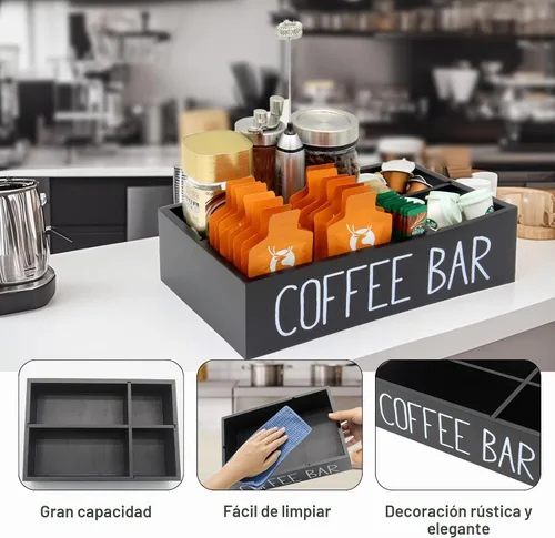 Vista 3 de Bokelai Organizador de barra de café, negro, almacenamiento de accesorios de encimera de madera Removable Dividers, Disposable Cup Holder, Pods