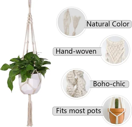 Vista 5 de Perchas de macramé para plantas hechas a mano, cuerda de algodón, soporte para macetas colgantes con temática bohemia para interiores y exteriores