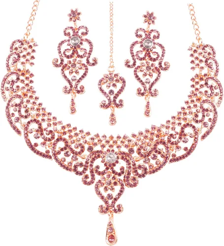 Vista 51 de Conjunto precioso de collar con look real Indian Bollywood, maravillosamente decorado, conjunto de collar adornado para mujer.