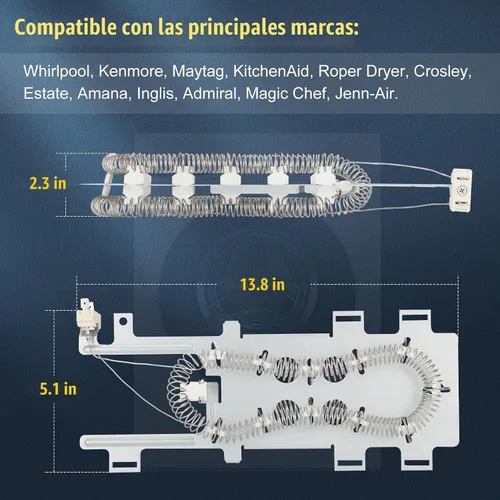 Vista 3 de Elemento calefactor para secadora 8544771 con termostato y fusible de corte