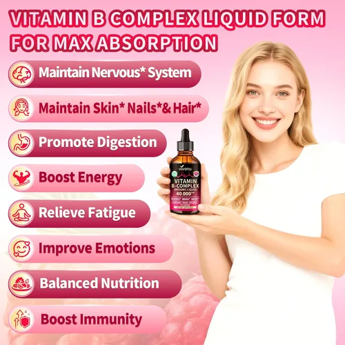 Vista 2 de VivoNu Gotas líquidas de complejo de vitamina B, vitamina B12 metilada de 6000 mcg, B1, B6, B3, B5, B2, folato, biotina con vitamina C D A E