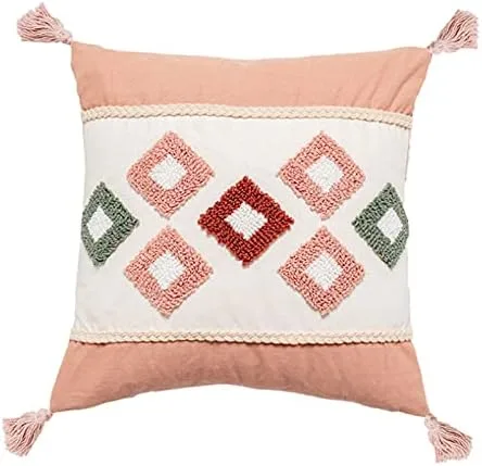Vista 9 de Bonita funda de almohada lumbar tejida de algodón rosa con borlas y diamantes étnicos bohemios indios con borlas, funda de cojín acogedora