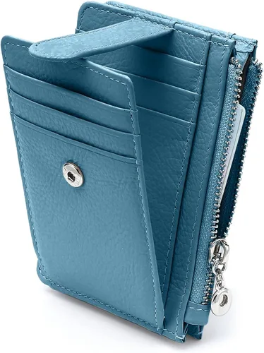 Vista 8 de Cartera delgada para mujer, de piel auténtica, tarjetero delgado con bloqueo RFID, carteras pequeñas