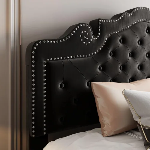 Vista 7 de Allewie Base de cama tamaño completo con cabecero de tiara de terciopelo ajustable, cama plataforma tapizada con botones de diamante capitoné Negro