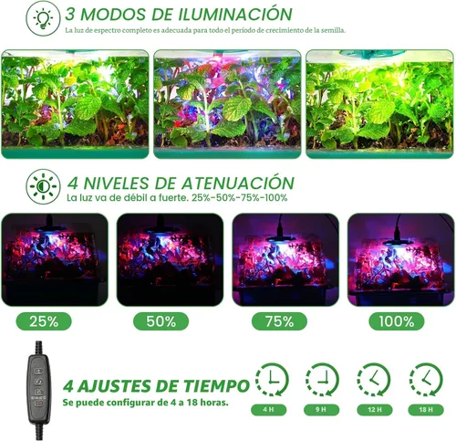 Vista 3 de Bandejas de inicio de semillas con luces de crecimiento, kit de inicio de semillas de 72 celdas con luces, 3 modos de iluminación, 4 ajustes