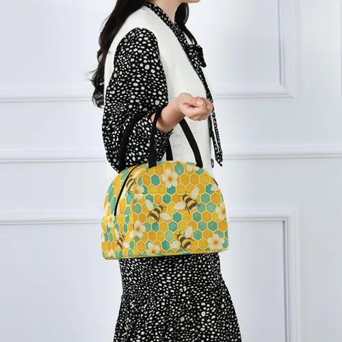 Vista 7 de Bolsa de almuerzo reutilizable con diseño de panal de abeja vintage, con bolsillo frontal, cierre de cremallera, bolsa térmica térmica