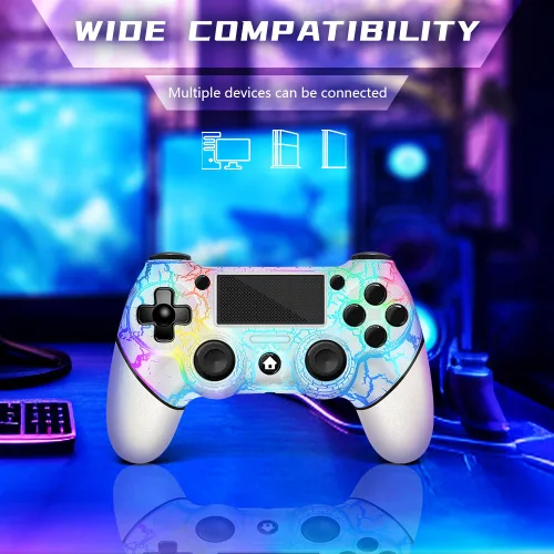 Vista 6 de AceGamer Wireless Controller for PS4, White Crack Custom Design with RGB Light,1000mAh Battery and 3.5mm Audio Jack, V2 Gamepad Joystick Compatible