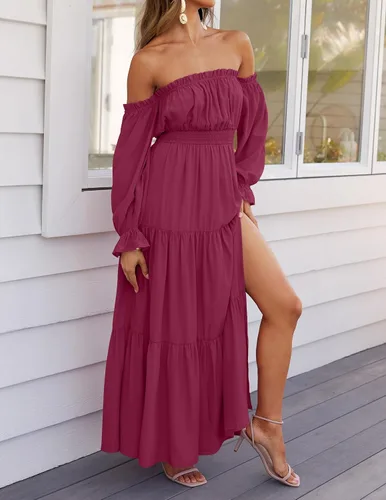 Vista 38 de ZESICA - Vestido largo, bohemio y sexy, con hombros descubiertos y manga larga fruncida, con elástico fruncido, cintura alta y abertura lateral