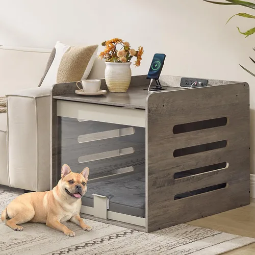 Vista 7 de Feandrea Mueble moderno para perros con estación de carga, pequeña perrera interior con puerta acrílica oculta abatible, para perros pequeños