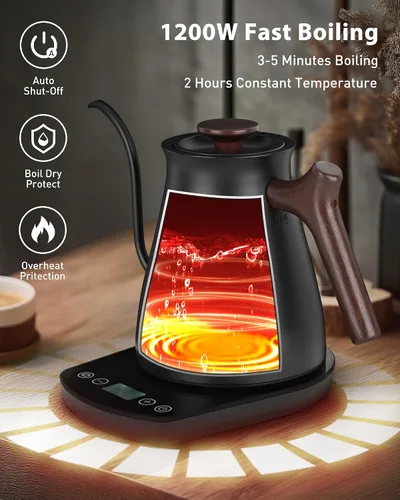 Vista 6 de Harriet Hervidor eléctrico de cuello de cisne, calor rápido de 1200 W, acero inoxidable de 0.8 L, control de temperatura de precisión