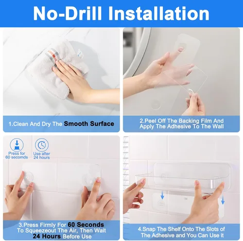 Vista 4 de Diesisa Organizador de pared acrílico de 2 piezas, estante adhesivo, organizadores de pared, sin perforaciones, estantes de baño, estante de pared