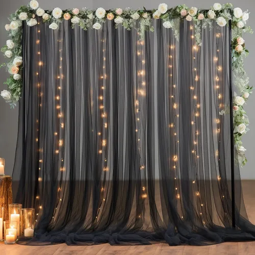 Vista 15 de Cortina de telón de fondo de tul azul bebé de 10 x 8 pies con cadena de luces para fiestas, cortinas de fondo transparentes para bodas, baby shower