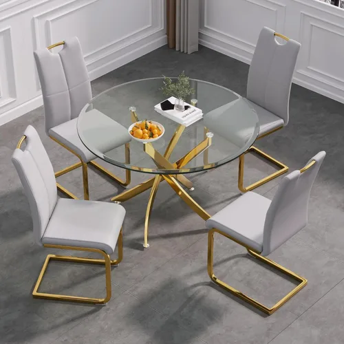 Vista 29 de Juego de mesa de comedor de cristal de lujo de 36 pulgadas para 2, mesa de comedor redonda moderna de 3 piezas con 2 sillas de comedor de cuero