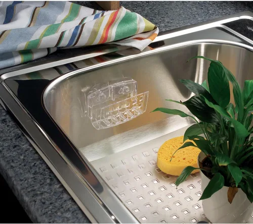 Vista 3 de InterDesign - Soporte por succión de jabón para fregadero de cocina, Plástico, Transparente, paquete de de 1 Para esponjas, para fregadores