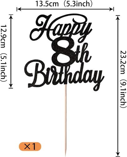 Vista 3 de Rsstarxi 1 paquete de decoración para tarta de cumpleaños 8 con purpurina negra de 8 años y fabulosos saludos a 8 años de edad, para celebrar el 8º