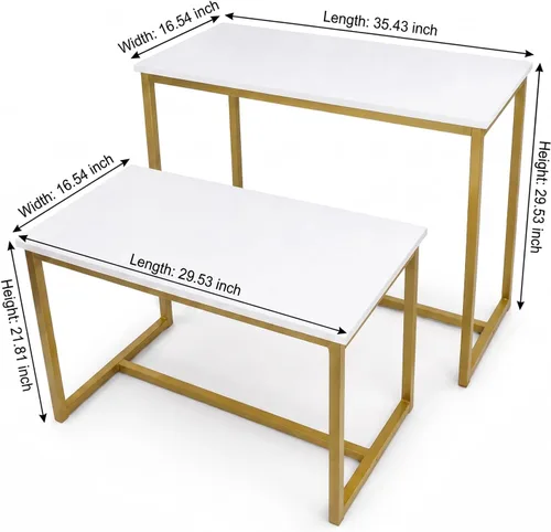Vista 3 de Juego de 2 mesas rectangulares anidables con marco de hierro dorado y tablero de madera blanca, estructura apilable para exposiciones de mercancías