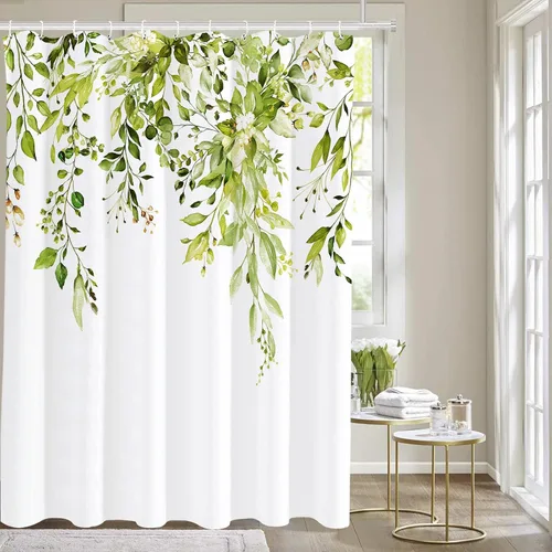 Vista 110 de Tititex - Juego de cortinas de ducha de eucalipto negro, hojas de acuarela gris en la parte superior, con decoración floral de baño, 60 x 72