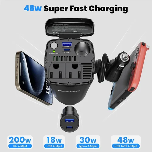 Vista 3 de BESTEK Inversor de corriente de 200 W, adaptador de toma de corriente de enchufe de coche de 12 V CC a 110 V CA con [USB-C de 30 W]/cargador rápido
