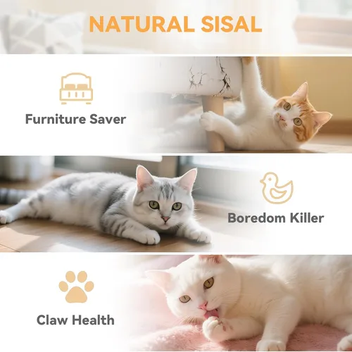 Vista 3 de Tablero rascador para gatos con sisal natural, juguete interactivo para gatos con bola de resorte, almohadilla rascador duradera para gatos