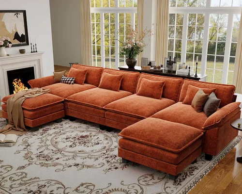 Vista 16 de Sofá modular de gran tamaño de 154 pulgadas, cómodo sofá en forma de U con 3 otomanas móviles, sofá moderno de felpilla de 7 plazas para sala