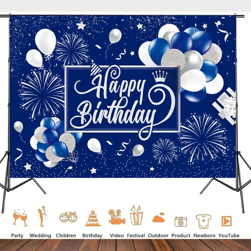 Vista 7 de Telón de fondo de cumpleaños azul y plateado con purpurina para fuegos artificiales, fondo de fotos para niños, hombres y mujeres, patio grande