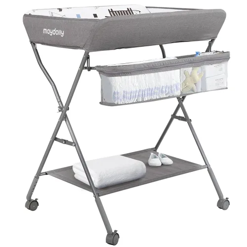 Vista 9 de Mesa de Cambiar para Bebé con Ruedas, Maydolly Estación de Pañales Portátil Ajustable en Altura Plegable con Organizador de Guardería y Estante
