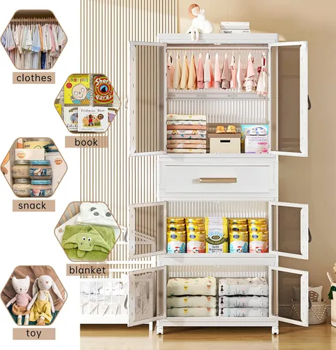 Vista 4 de Armario portátil para niños con puertas, armario de almacenamiento de plástico para bebés con barra colgante, armario para ropa de niños