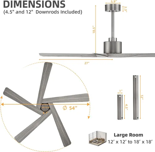 Vista 3 de WINGBO - Ventilador de techo de 54" de ABS con motor DC sin luz, ventilador de techo de 5 aspas con veta de madera de ABS con control remoto, motor