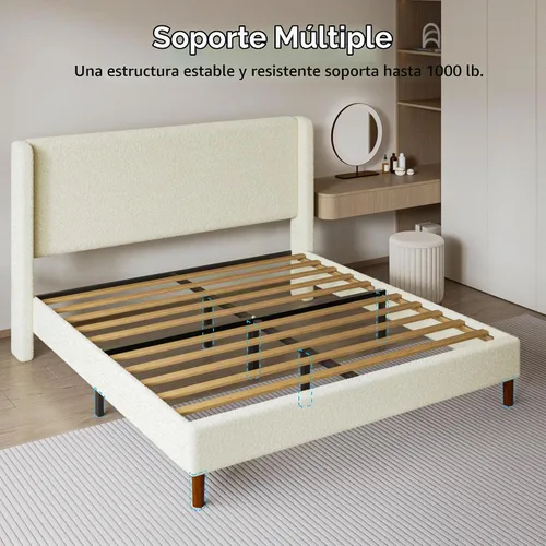 Vista 5 de Base de cama matrimonial, plataforma tapizada Boucle con cabecera con respaldo de alas, fuerte soporte de listones de madera, base de colchón sin