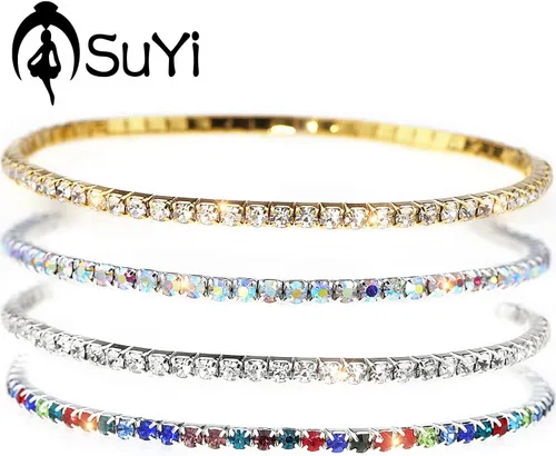 Vista 4 de Suyi Tobillera de cristal para mujer, 4 piezas, tobilleras elásticas de tenis, cadena elástica para el pie
