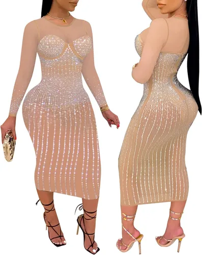 Vista 3 de PORRCEY Vestido sexy y elegante con diamantes de imitación para mujer, malla transparente, entallado, para cumpleaños, cóctel, fiesta, club, noche