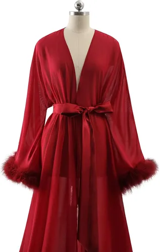 Vista 4 de Molisa Bata de plumas sexy de gasa transparente de lencería larga para boda, bufanda de ilusión, bata de baño, bata de novia