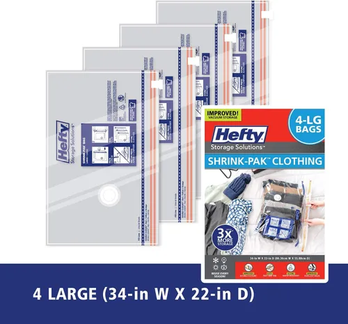 Vista 3 de Hefty Shrink-Pak - 4 bolsas grandes de almacenamiento al vacío para ropa, almohadas, toallas o mantas - Bolsas selladoras al vacío ahorradoras