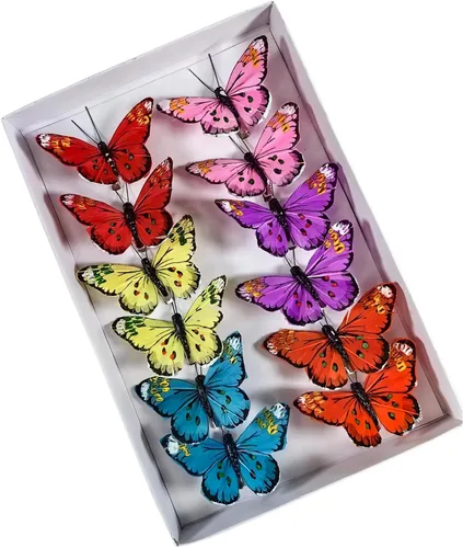 Vista 9 de YCHTEWY - Decoración de mariposa monarca, juego de 12 decoraciones de mariposa de plumas con clip, 3.75", naranja..
